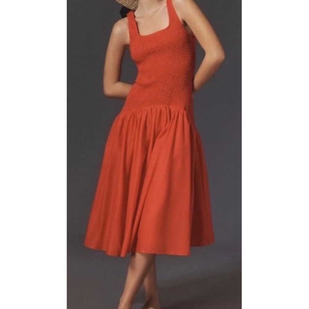 Hutch Red Smocked Dropped Waist Sleeveless Midi Dress Cotton Blend Size Small